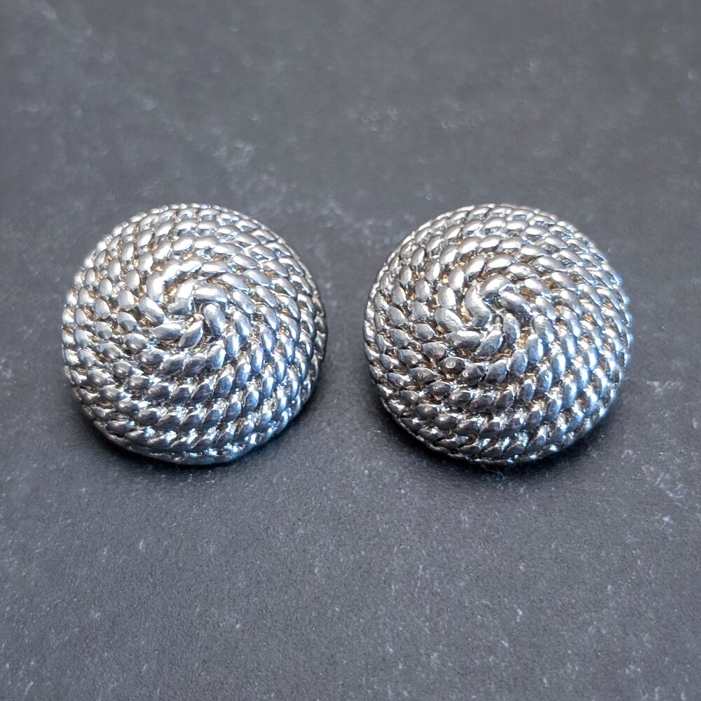 Vintage Clip On Earrings Large Silver Tone Woven Wrap Domed Statement 1 & 1/8"